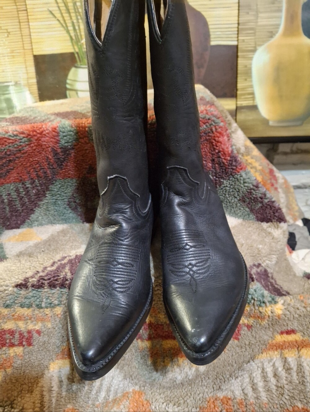 Double H Black Leather Pointed-Toe Western Cowboy Boots